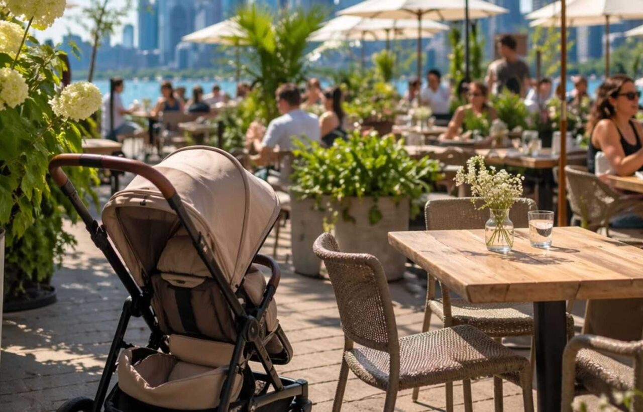 A baby stroller parked beside tables and planters on a sunny Toronto waterfront patio with diners, umbrellas, and skyline views.