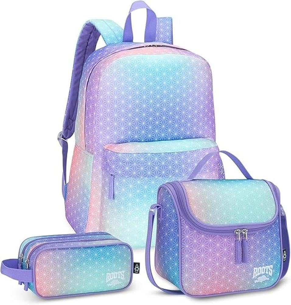 Pastel Roots kindergarten backpack set with matching lunch bag and pencil case in blue, purple, and pink geometric print.