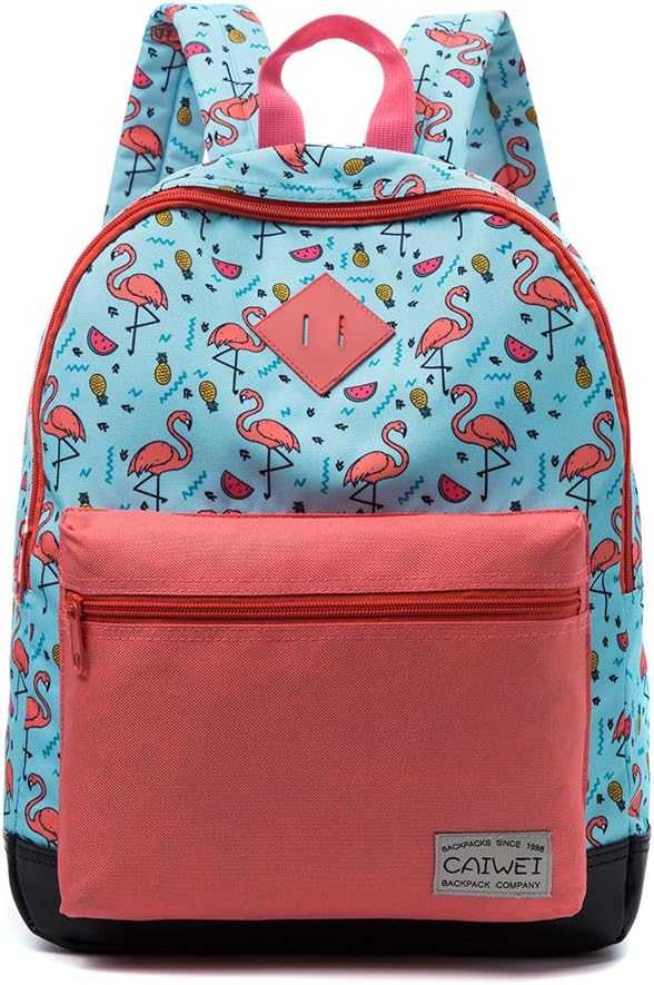 Blue kindergarten backpack with pink flamingo print, coral front pocket, pink handle, red zipper, and black base on a white background