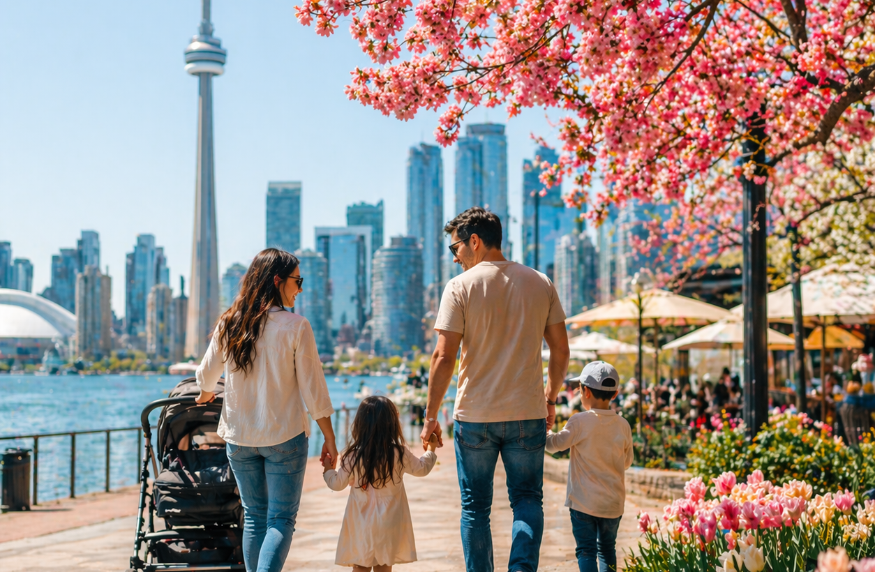 Family walking on Toronto waterfront under pink cherry blossoms with CN Tower skyline, stroller, and spring flowers for Mother’s Day.