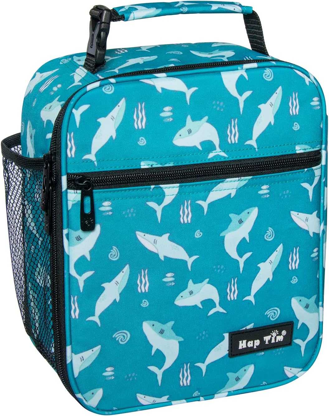 Turquoise kids lunch bag with white shark print, black zipper, top handle, and side mesh pocket for kindergarten school lunches.