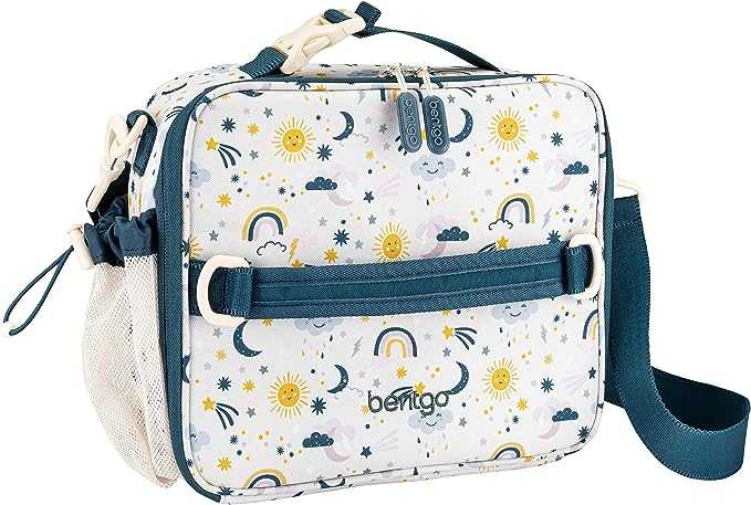 Bentgo kids lunch bag with rainbow, sun, moon and cloud print, teal handle, shoulder strap, zipper closure and side mesh pocket.