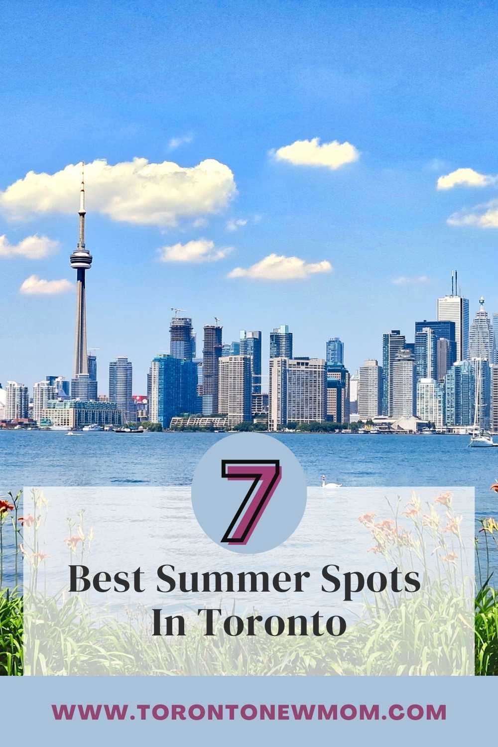 Toronto skyline and CN Tower across the waterfront with text promoting 7 best summer spots in Toronto.