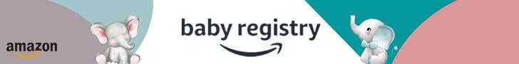Amazon Baby Registry banner with pastel pink and teal shapes, baby elephant illustrations, and centered baby registry text for new parents.