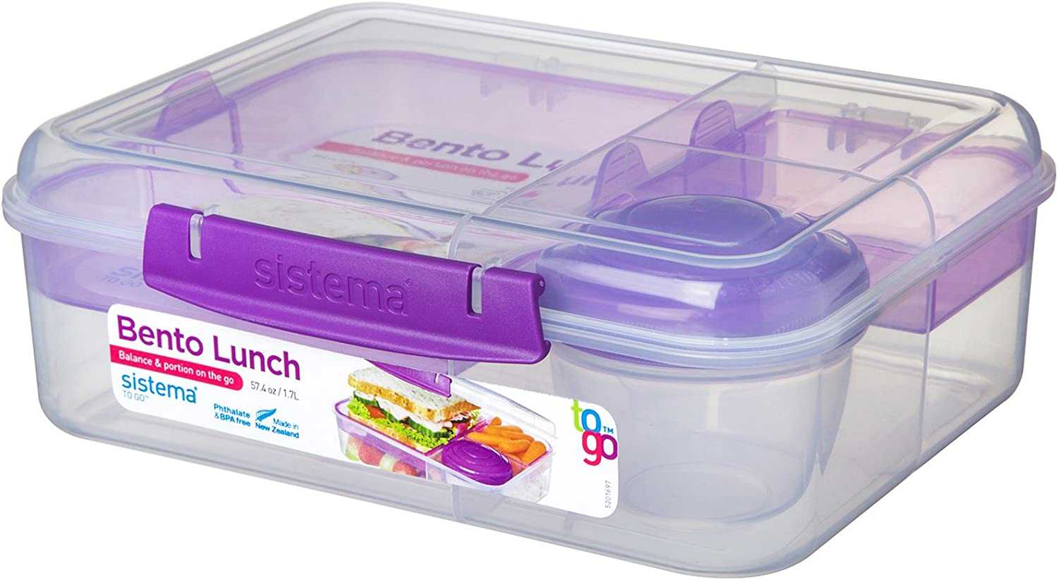 Clear Sistema Bento Lunch container with purple clips and compartments, a kid-friendly lunch box for kindergarten school meals and snacks.