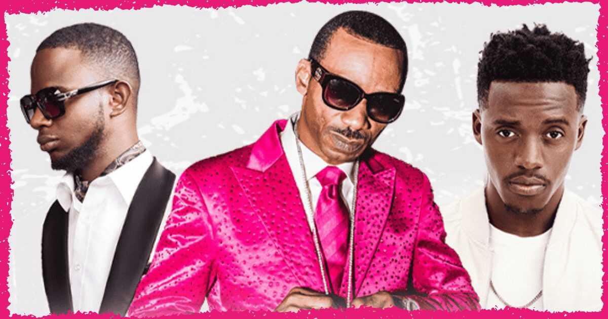 Promotional concert image featuring three Black male artists, including a singer in a bright pink suit, for a Mother's Day Toronto event.