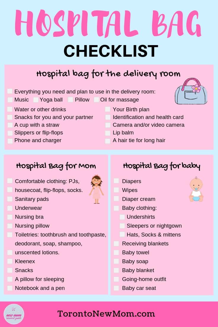 Pastel hospital bag checklist infographic for labor, mom, and baby, listing delivery room essentials, postpartum items, and newborn supplies.