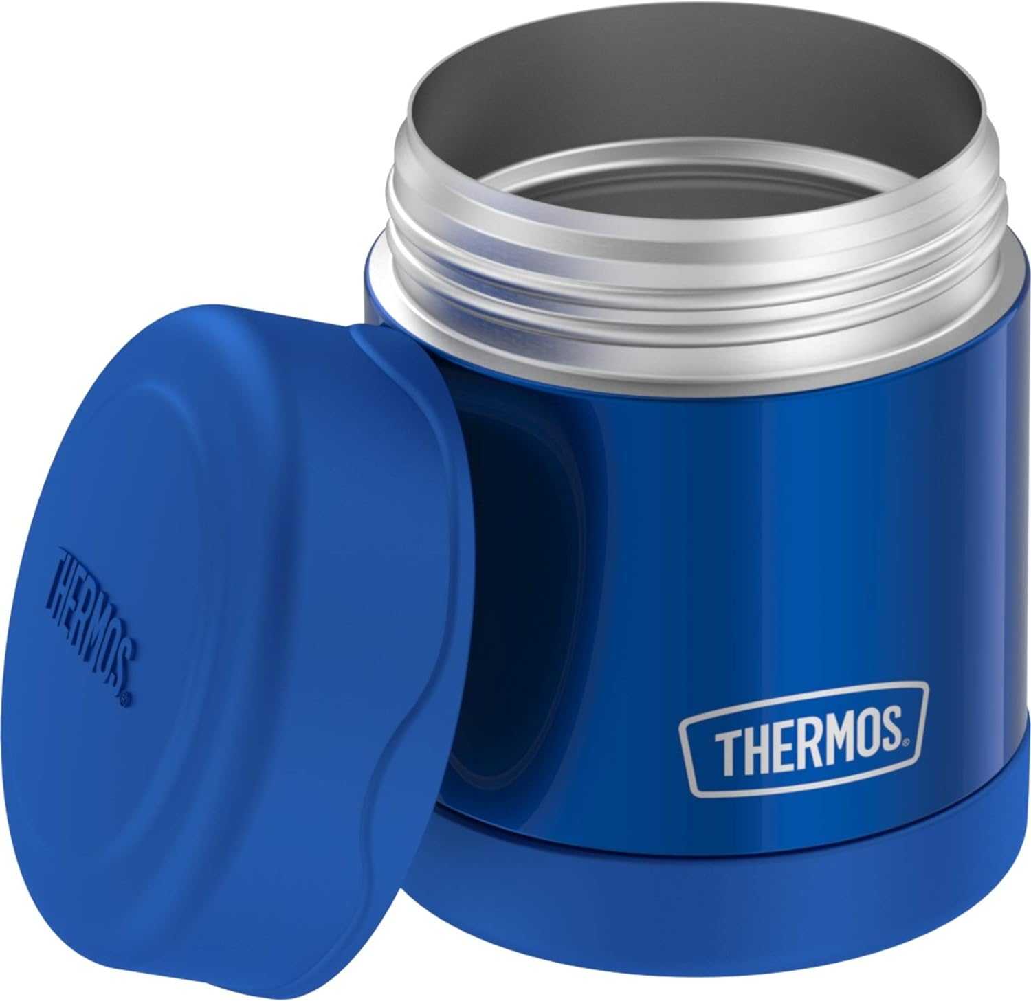 Blue Thermos insulated food jar with open stainless steel container and matching lid, ideal for kindergarten hot lunches.