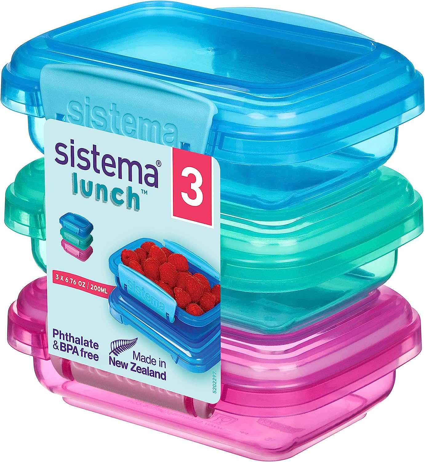 Stack of three colorful Sistema lunch containers with blue, teal, and pink lids, packaged for kids' school lunches and kindergarten meals.