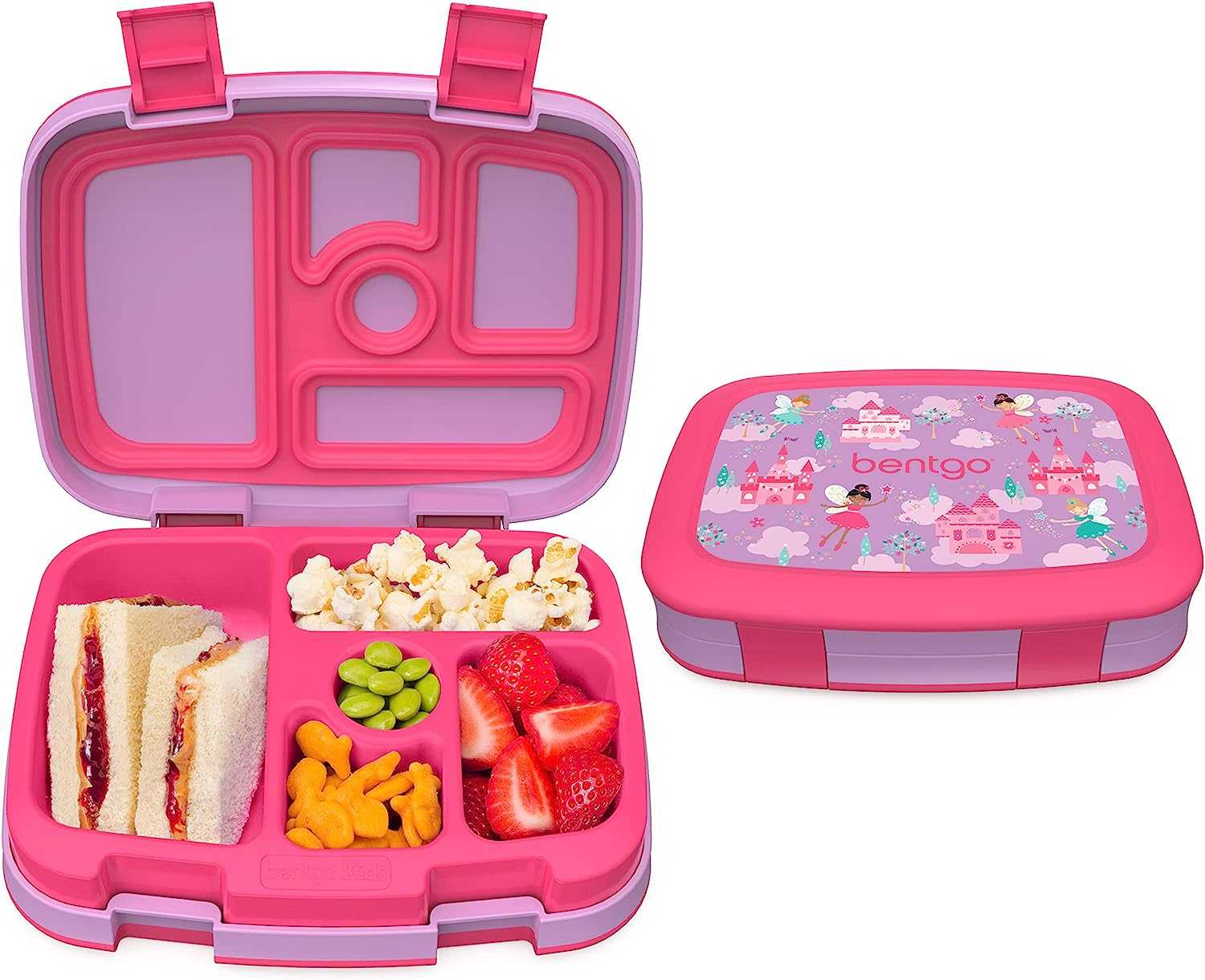 Pink Bentgo Kids bento lunch box with compartments filled with sandwich, popcorn, edamame, crackers and strawberries for kindergarten lunch.