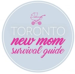 Circular Toronto New Mom Survival Guide logo with pale blue background, white Toronto text, pink script lettering, and a small stroller icon.