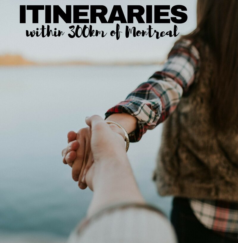 Couple holding hands by a lake with text promoting kid-free weekend getaway itineraries within 300 km of Montreal.