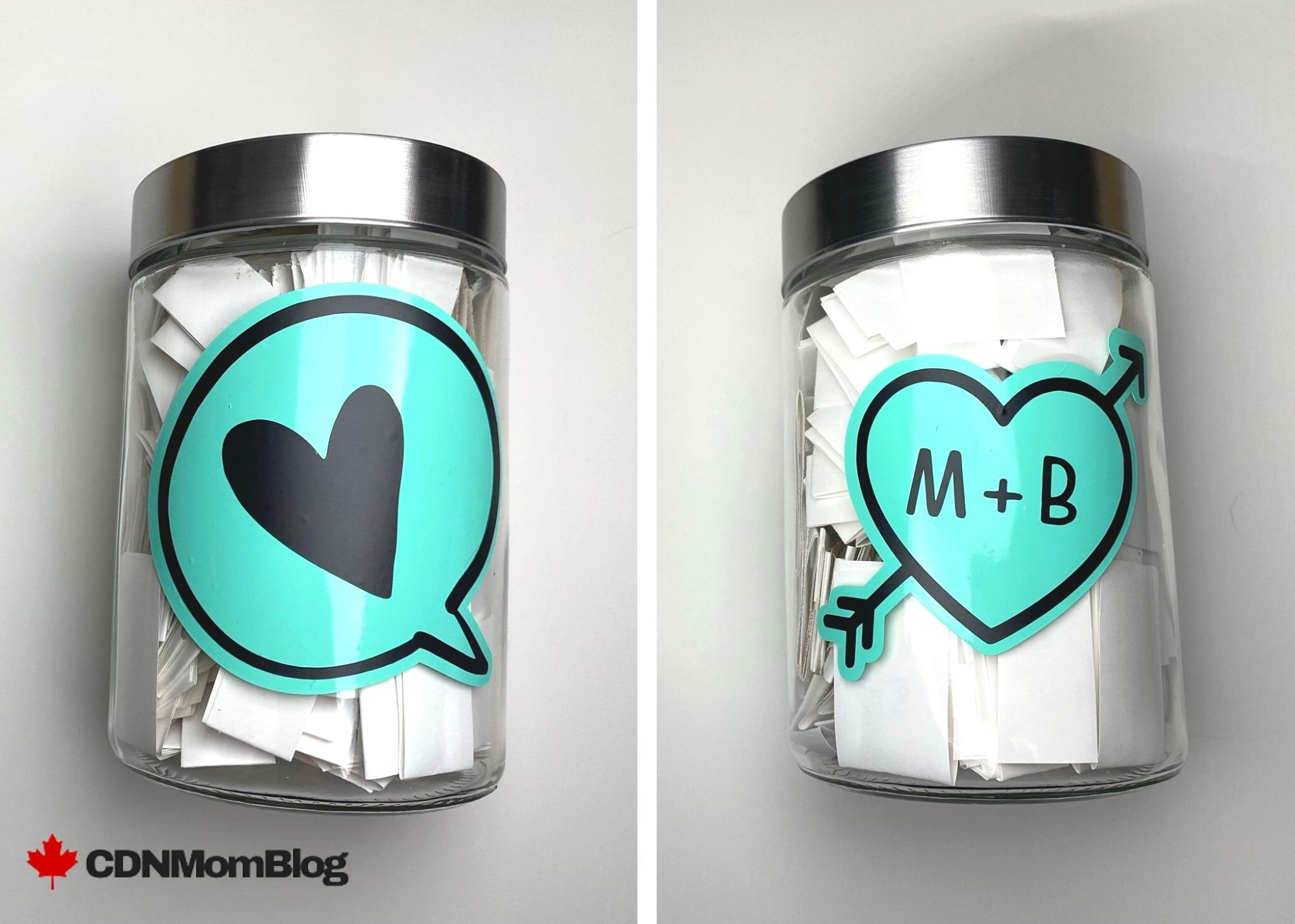 Two glass jars filled with paper conversation starters, decorated with teal heart and speech bubble labels for a couples activity.