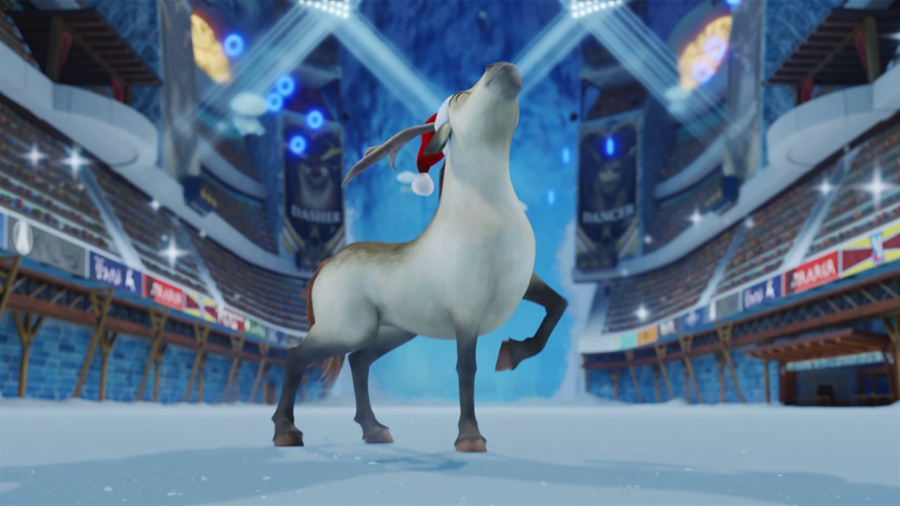 Animated reindeer wearing a Santa hat poses on an icy rink inside a brightly lit holiday arena.