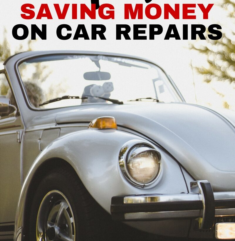 Graphic for 6 tips on saving money on car repairs, featuring a vintage white car and bold black and red headline text.