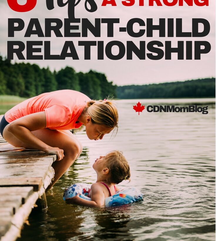 Mother leaning from a lakeside dock toward a young child floating in water, with text about six tips for a strong parent-child relationship.