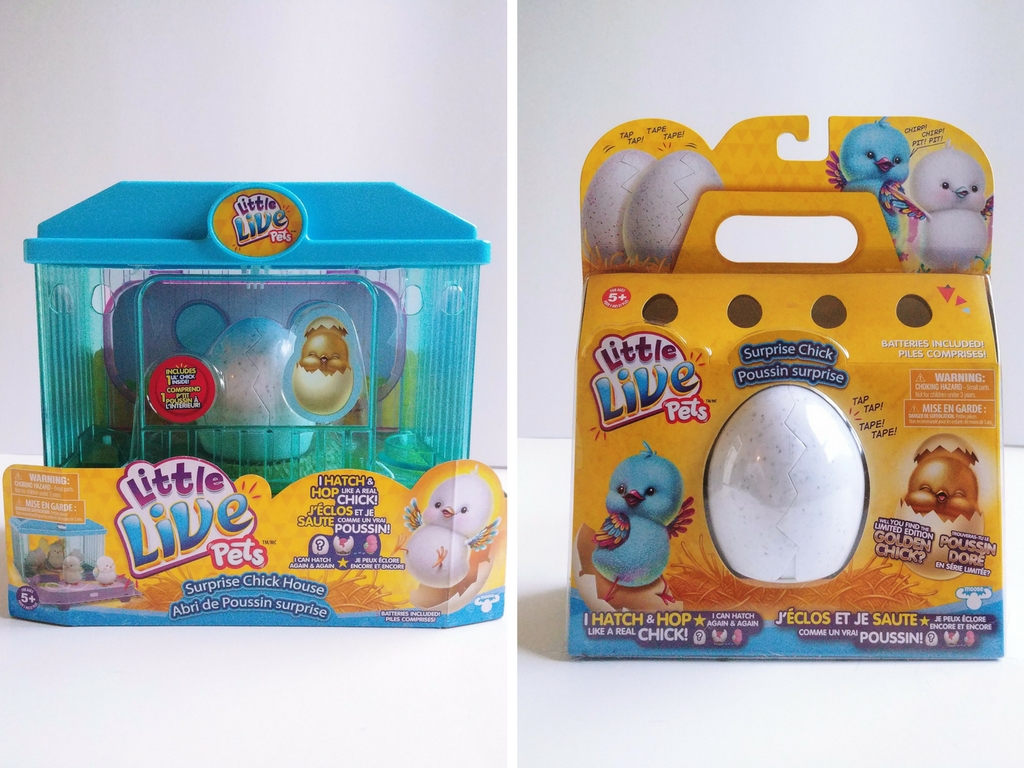 Little Live Pets Surprise Chick House and Surprise Chick toy packaging shown side by side, featuring colorful boxes with hatching egg and chick graphics.