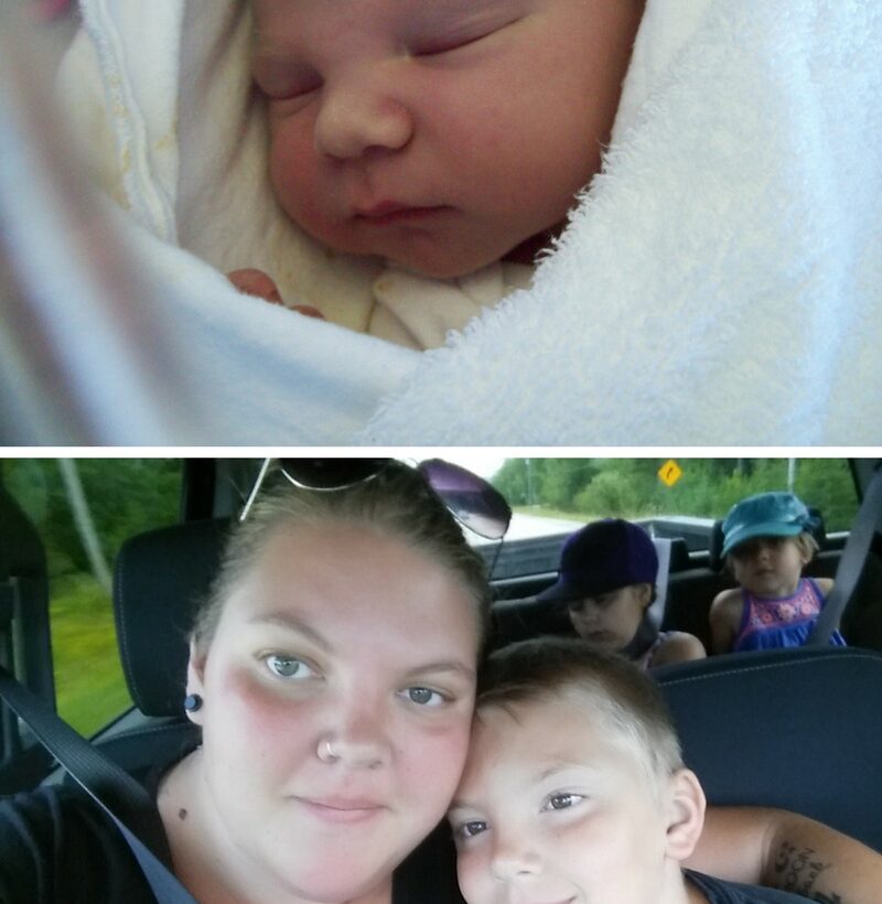 Collage showing a newborn baby swaddled in a white blanket and a mother taking a car selfie with her young children.