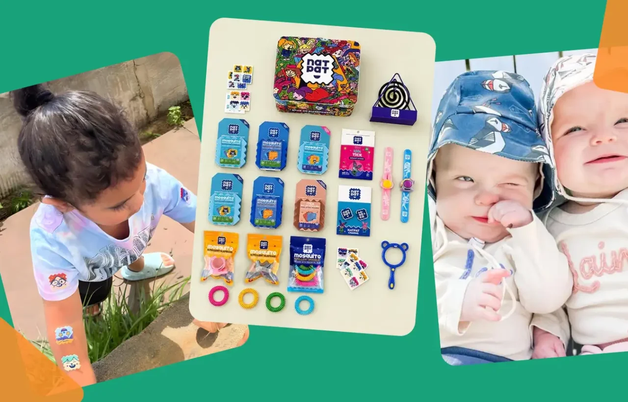 Collage of NATPAT mosquito patches and kid-friendly repellents with children wearing patches on a green background.
