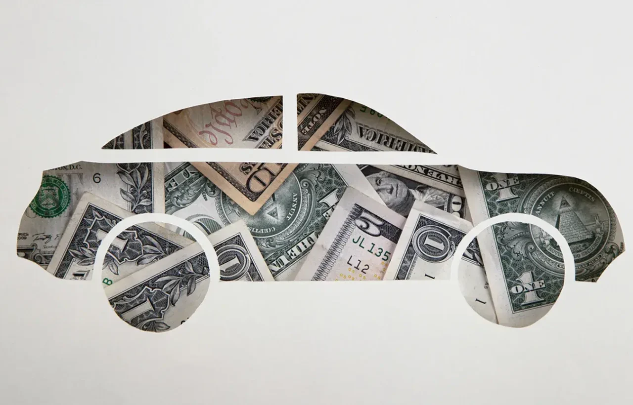 Car silhouette filled with dollar bills, illustrating vehicle trade-in value and money-saving tips for families upgrading their car.