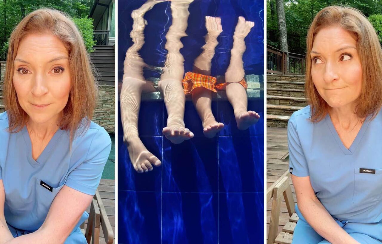 Collage of a woman in blue medical scrubs beside underwater views of children’s legs in a pool, illustrating child drowning prevention and water safety.