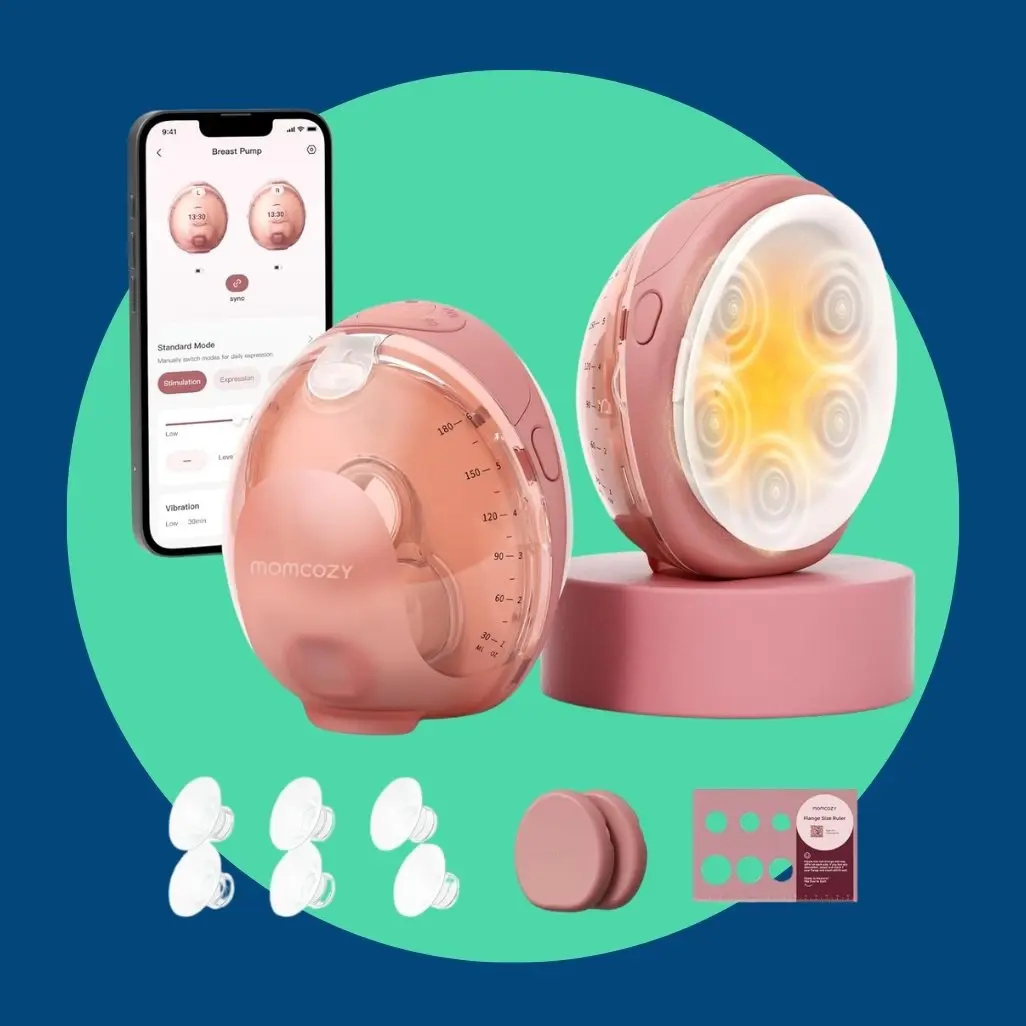 Momcozy wearable breast pump set with app display, accessories, and storage parts on a teal and navy product graphic.