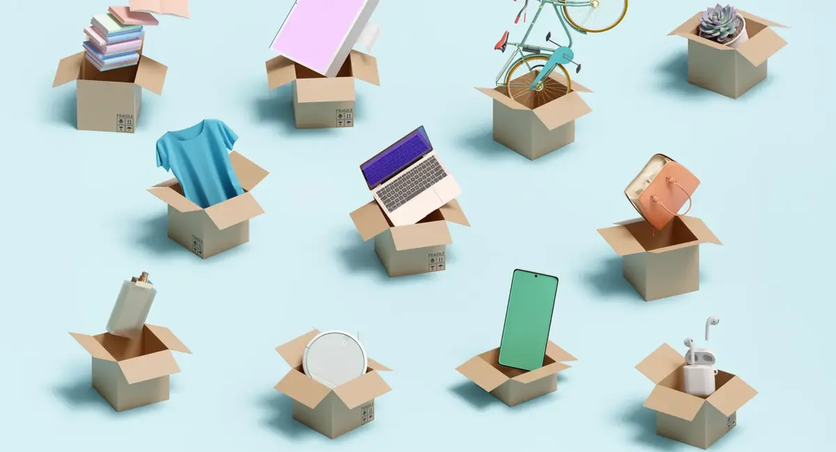 Assorted shopping items, including baby products and electronics, popping out of cardboard boxes on a light blue background.