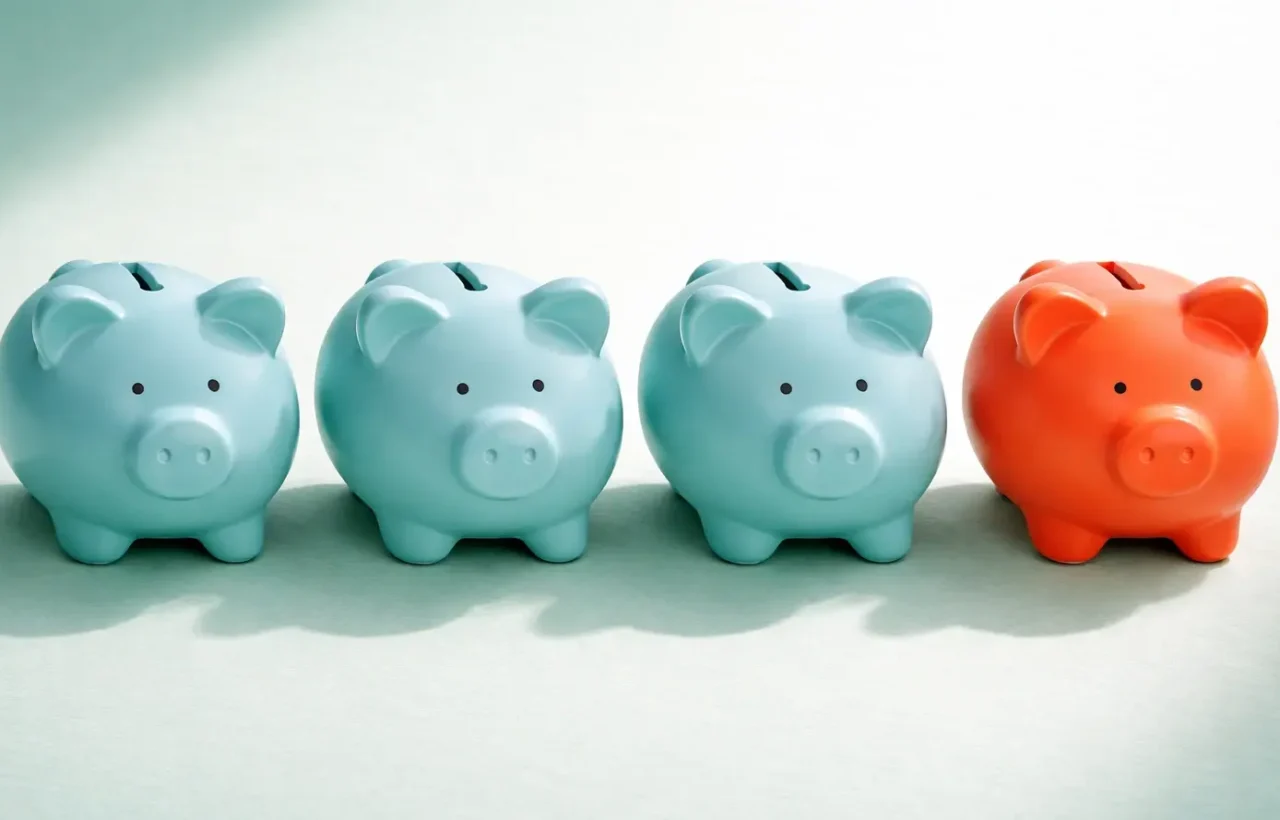 Four piggy banks in a row, three teal and one orange, representing children's savings accounts and family financial choices.