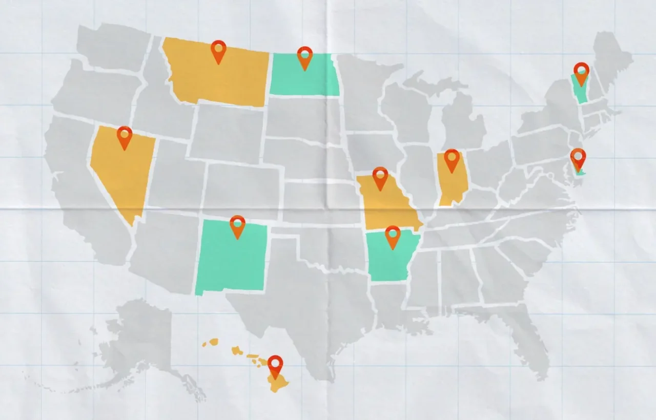 Illustrated U.S. map highlighting selected states in yellow and teal with red location pins for childcare cost and ranking comparison.
