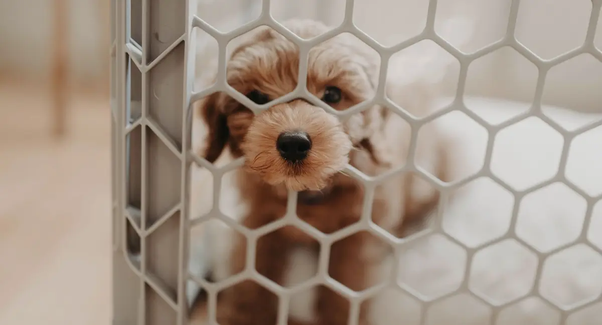 Small tan puppy looking through a white honeycomb baby gate, illustrating dog safety and preparation before bringing a baby home.