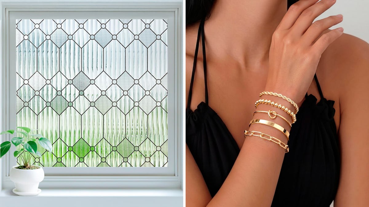 Split image of decorative privacy window film beside a woman wearing stacked gold bracelets, highlighting affordable home and style upgrades.