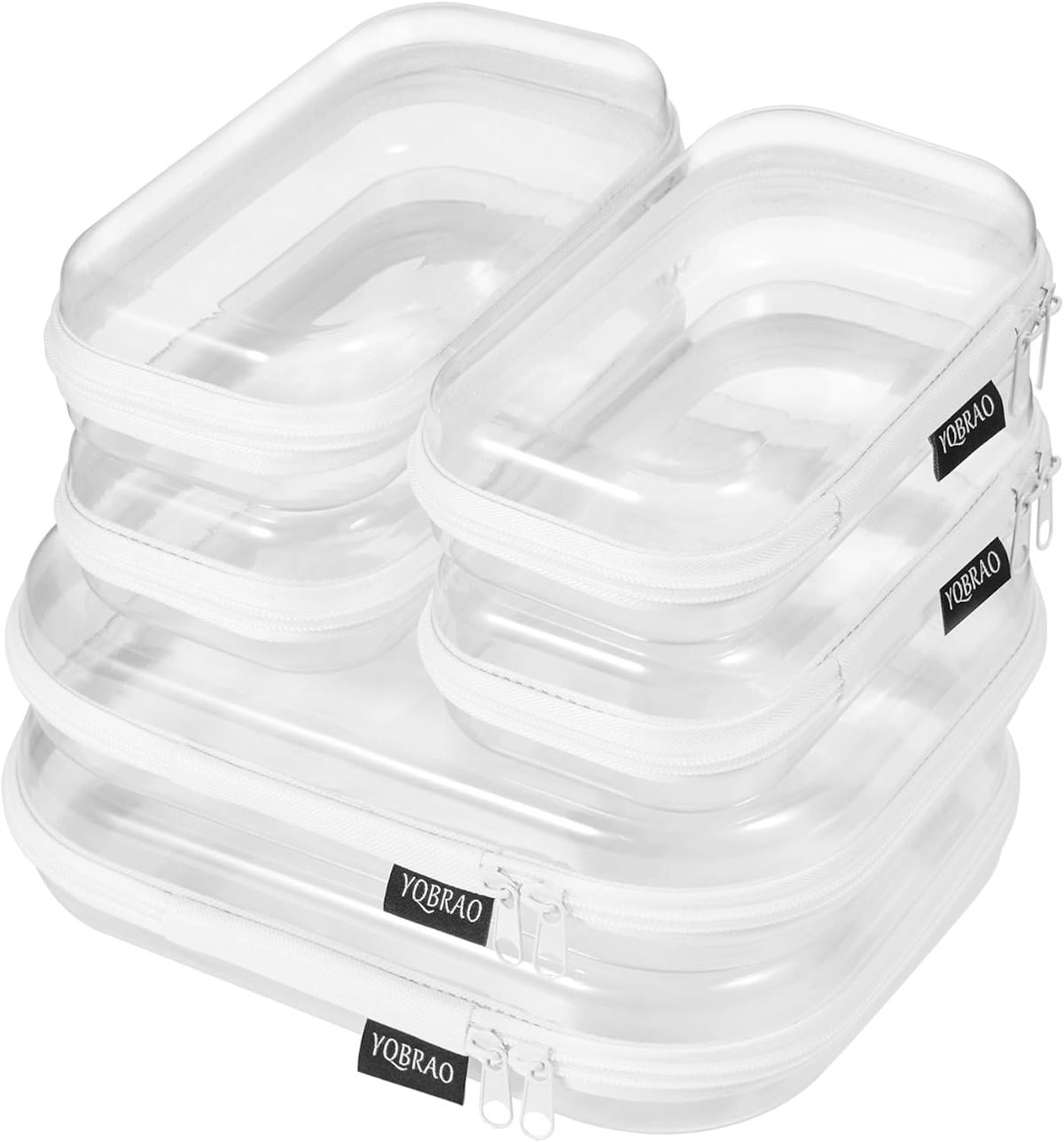 Six clear hard-shell zipper cases in assorted sizes with white zippers, stacked together for organizing travel, toiletries, cords, or small essentials.