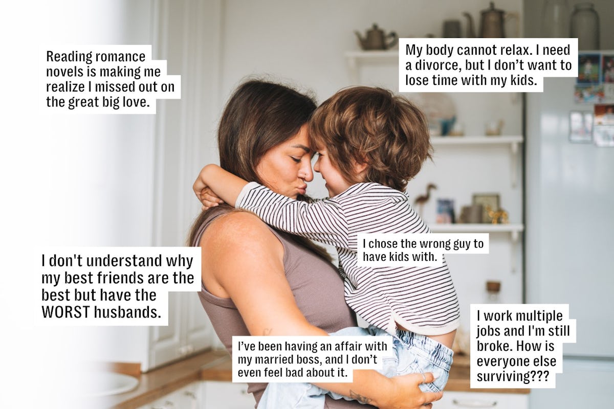 Mother holding and kissing her young child in a kitchen, surrounded by bold confession text about motherhood, marriage, money stress, and relationships.