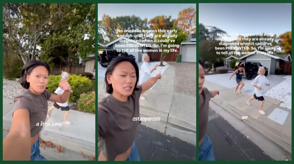 Three-panel Instagram Reel screenshot of a woman and older woman stomping and jumping during a neighborhood walk for bone density awareness.