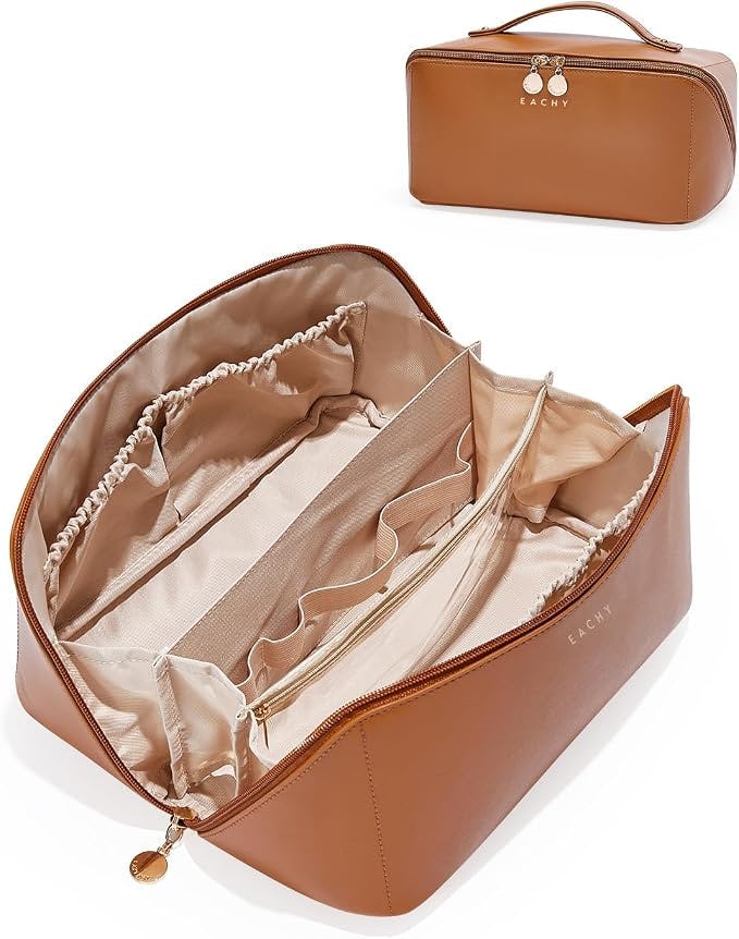 Brown EACHY travel makeup bag shown open with beige interior compartments, zipper pockets, and an inset view of the closed faux leather case.