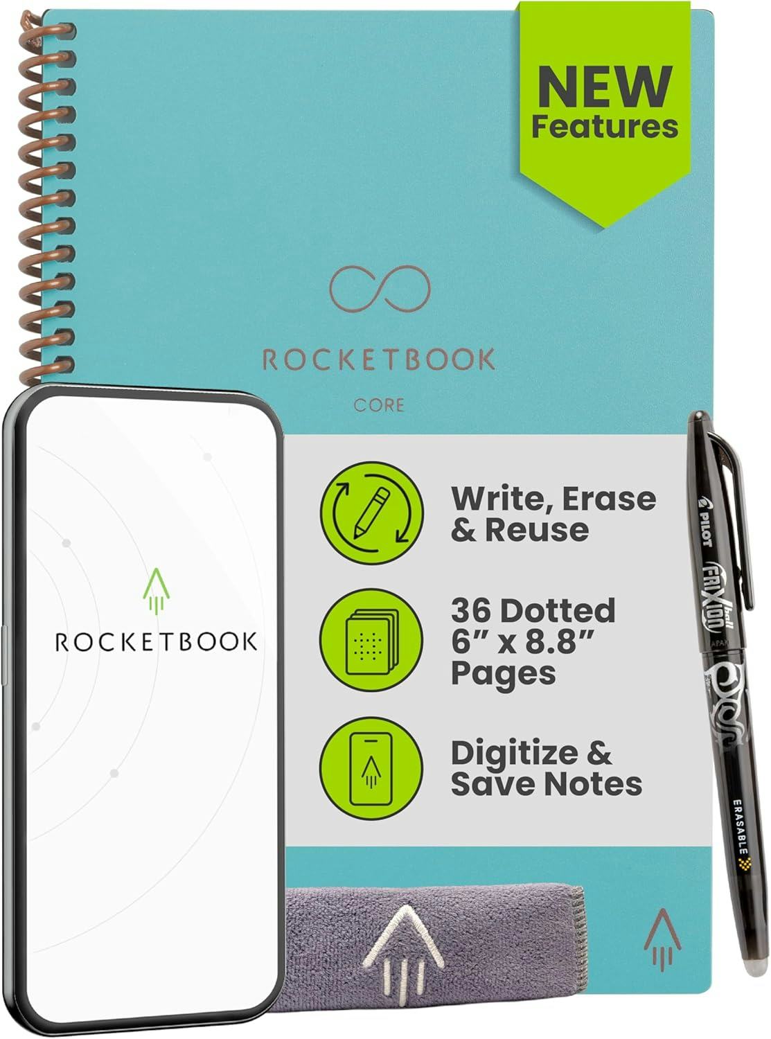 Rocketbook Core reusable spiral notebook with phone app, Pilot FriXion pen, microfiber cloth, and feature callouts for writing and saving notes.