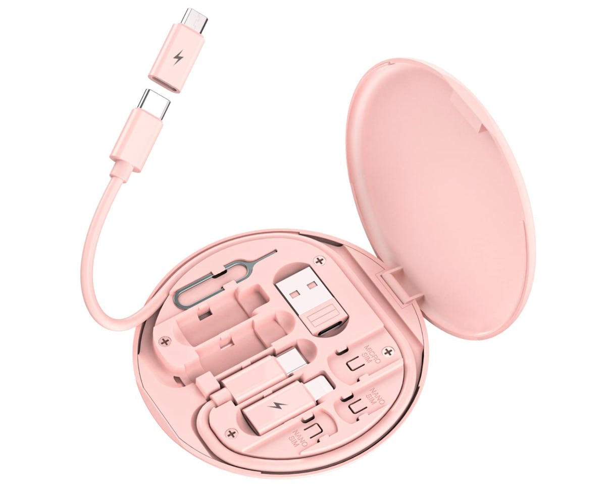 Pink multi USB charging adapter cable kit in a compact round case with USB-C, USB-A, SIM tools, and phone stand storage.
