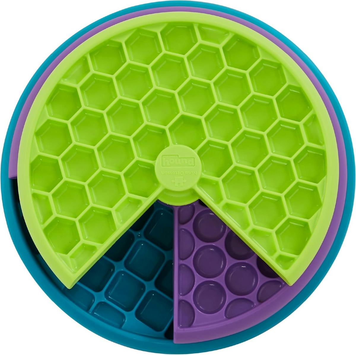 Colorful circular dog puzzle feeder bowl with lime green honeycomb top, teal and purple compartments, designed for slow feeding.