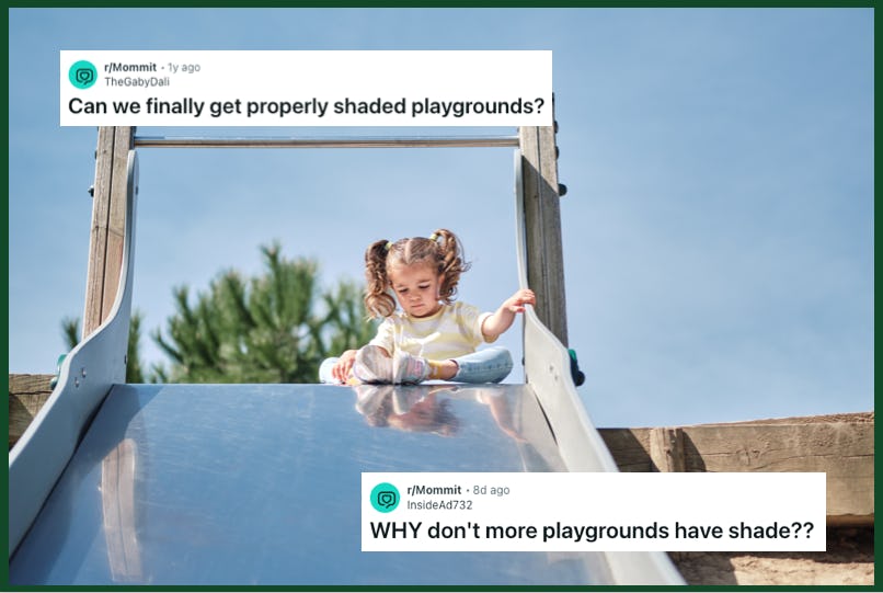 Young child sitting atop a sunlit playground slide with Reddit post overlays asking why more playgrounds do not have shade.