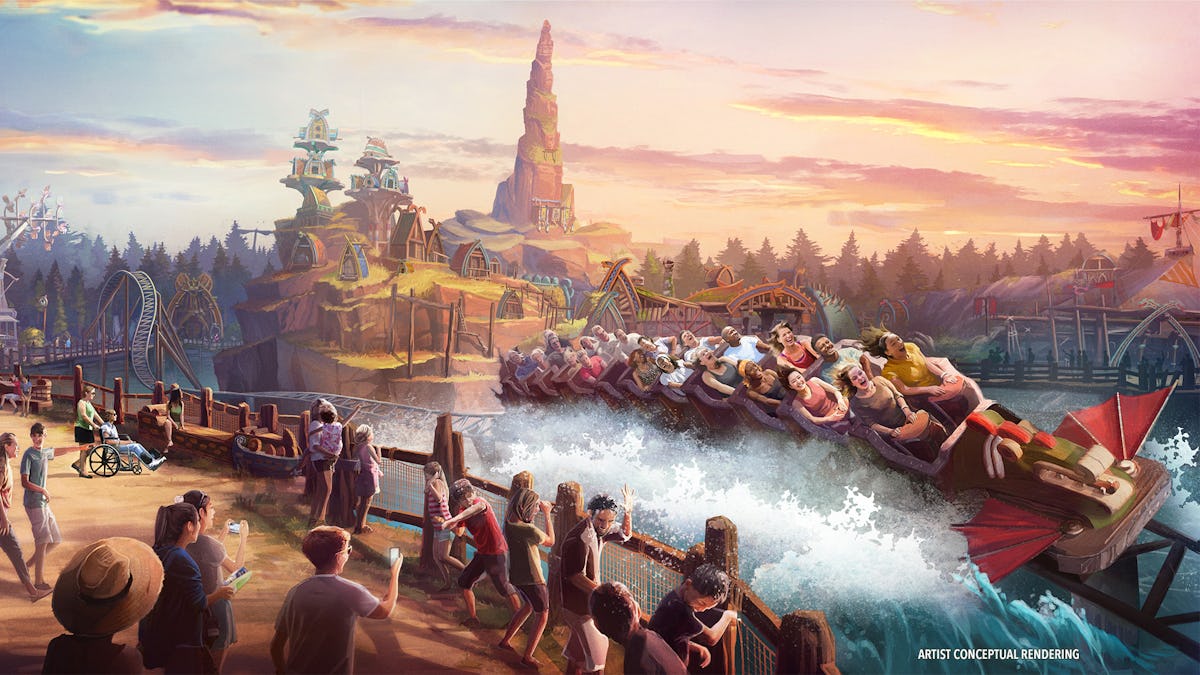 Artist rendering of a Universal Epic Universe water coaster racing past crowds in a Viking-themed Isle of Berk landscape at sunset.