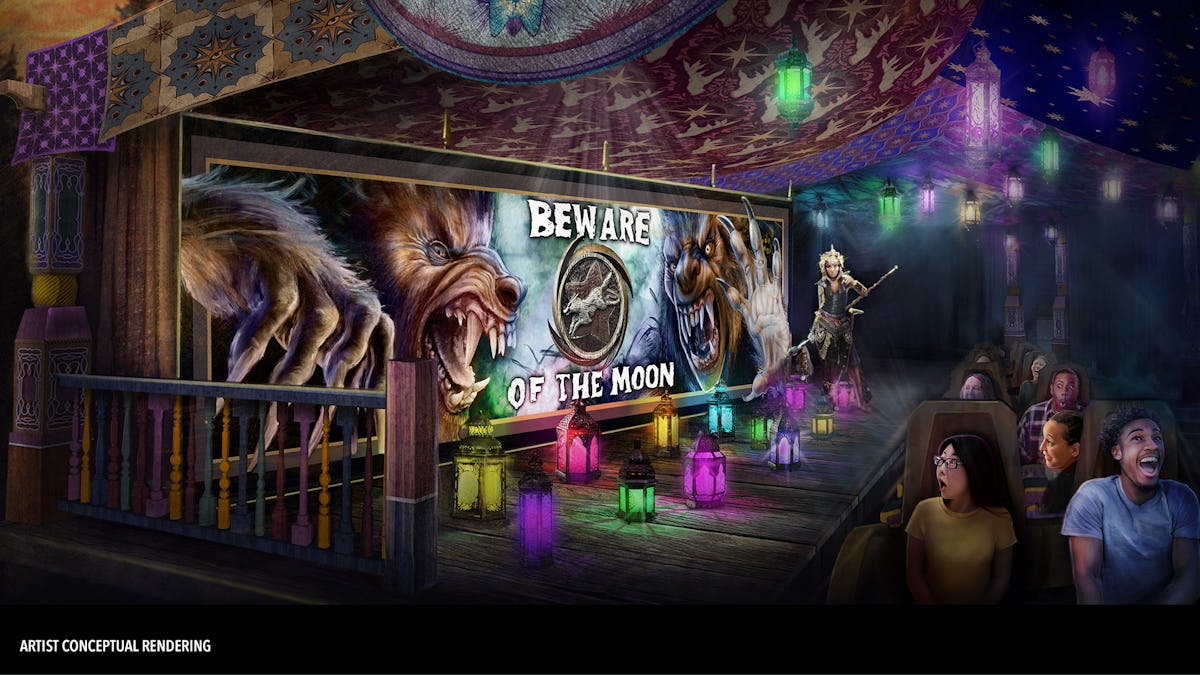 Concept art for Universal Epic Universe’s Curse of the Werewolf ride, showing a dark carnival scene with glowing lanterns and scared riders.