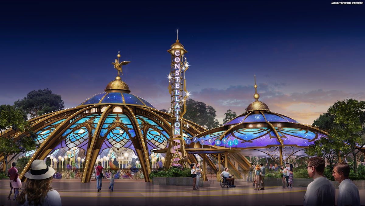 Concept art of Universal Epic Universe's Constellation Carousel glowing at dusk in Celestial Park with guests walking nearby.