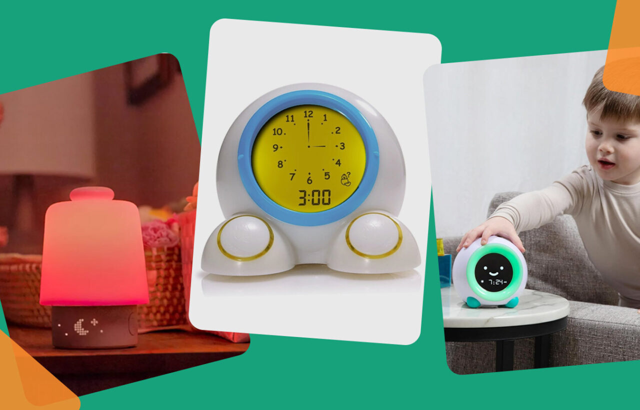 Collage of kids' alarm clocks, including a glowing sleep trainer, a colorful digital clock, and a toddler using a round bedside clock.