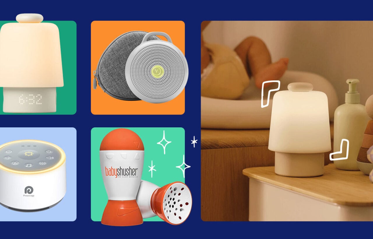 Collage of top baby sound machines, including a glowing nursery lamp, portable shushers, and a bedside white noise device for infant sleep support.
