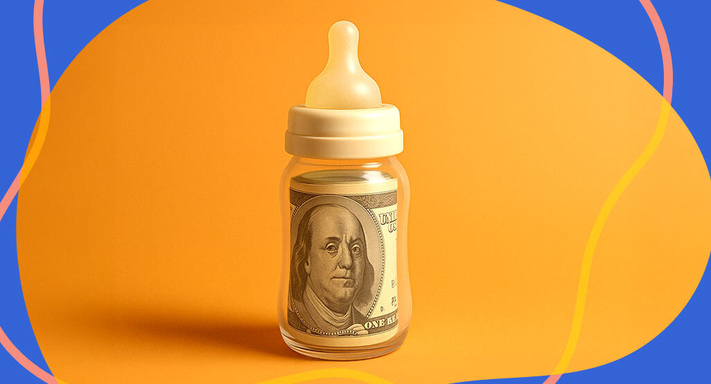 Baby bottle filled with a $100 bill against a bright orange and blue background, illustrating high baby formula costs and savings tips.