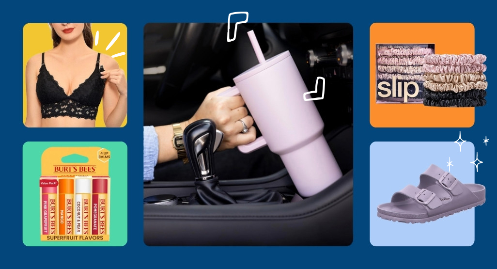 Collage of Amazon hospital bag essentials including nursing bra, tumbler, lip balm, hair ties, and lavender recovery sandals.