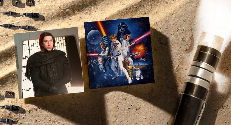 Star Wars baby names image with Kylo Ren, a classic movie poster, lightsaber hilt, and toy figures arranged on a sandy desert surface.