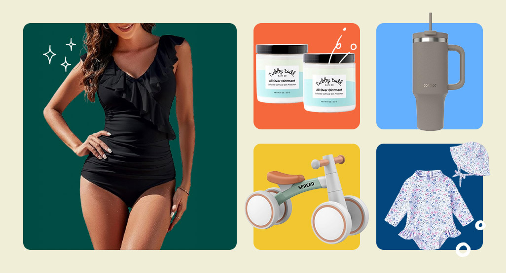 Collage of Mother's Day sale picks: black swimsuit, baby ointment jars, travel tumbler, toddler balance bike, and floral baby swimwear.