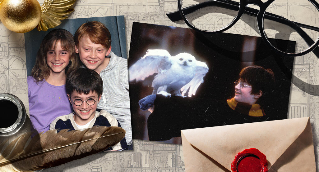 Harry Potter-themed baby names image with cast photos, Hedwig, round glasses, parchment envelope, quill, ink pot, and golden snitch.