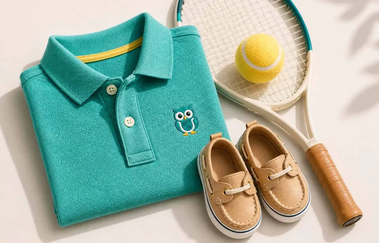 Preppy baby outfit with teal polo shirt, tan boat shoes, tennis racket and yellow ball on a sunlit white background.